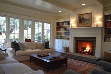Fototapeta premium Cozy living room with a fireplace and natural light featuring a view of the outdoors and warm decor