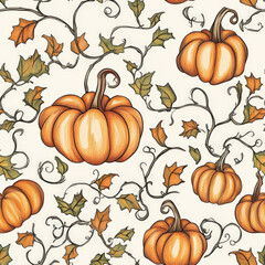A hand-drawn pumpkin patch pattern with detailed autumn leaves and vines