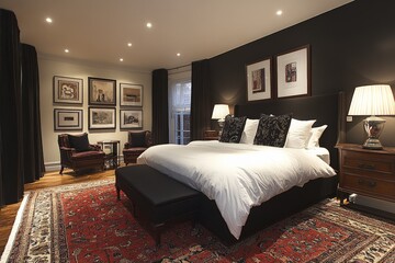 Cozy bedroom with elegant decor featuring dark walls, plush bedding, and artful accents in a luxurious home setting