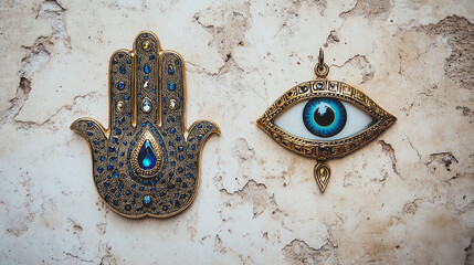 Hamsa hand and  boho eye amulet with protective symbolism on textured background