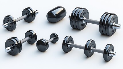 Various black dumbbells, fitness equipment, studio shot, background is plain white