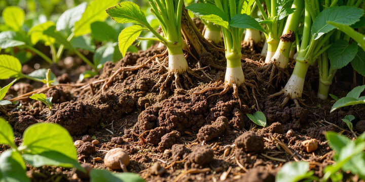 Emerging hosta shoots in soil for garden blogs, spring gardening content, plant care guides