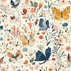 A dreamy seasonal fairyland pattern with enchanted creatures adapting to spring, summer, autumn, and winter