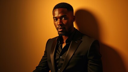 Fototapeta premium Confident Black Man in Black Suit Against Warm Orange Background