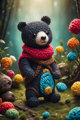 Cute crocheted amigurumi toy on a hand. A unique handmade plush