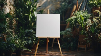 A blank white welcome sign on an easel at a modern boho wedding, ideal for a mockup template with soft, natural decor and a relaxed, chic atmosphere.