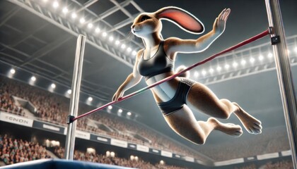 Dynamic Portrait of an Athletic Anthropomorphic Rabbit Performing a Pole Vault in a Stadium Under Cinematic Lighting