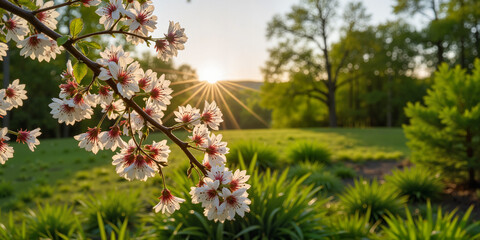 Blossoming tree branch with meadow sunrise for spring themes, nature backgrounds, peaceful scenes