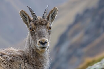 Obraz premium Young Pyrenean Ibex in natural mountain habitat, facing forward with curious expression, with soft, short horns textured fur visible, set against blurred mountainous landscape background.