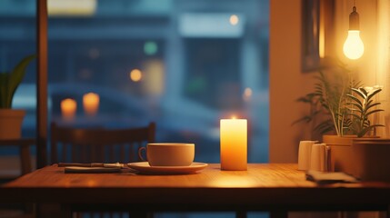 Cozy caf? scene featuring a candlelit table with a cup and plate, soft evening glow outside