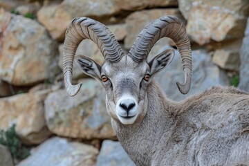 Obraz premium Close-up portrait mature Pyrenean Ibex against rocky background, focusing on distinctive horns with layered texture, intense gaze, detailed fur, showcasing resilience adaptation rugged mountain.