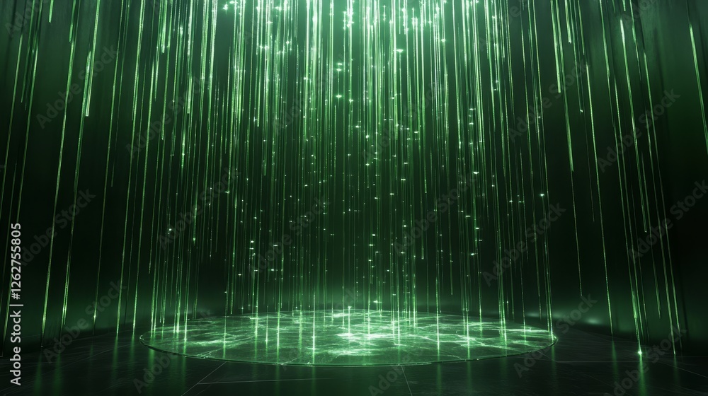 Poster vertical green light streams illuminate a circular platform below