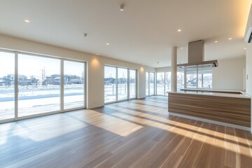 Fototapeta premium Spacious modern living room with large windows and winter landscape outside in a contemporary home