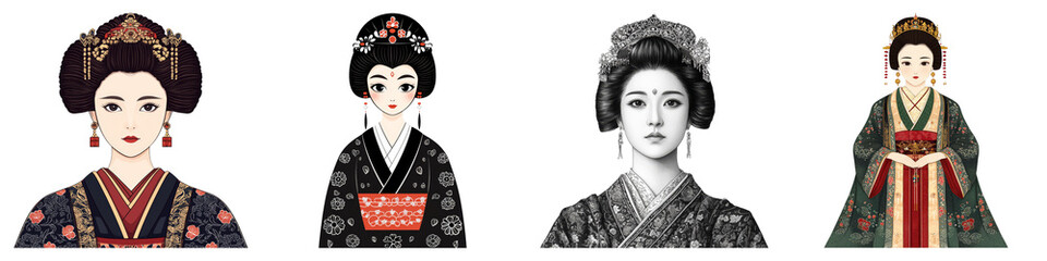 Fototapeta premium ancient Japan girl and Clipart concept. Four elegant women in traditional attire, adorned with intricate hairstyles and accessories. on Transparent background.