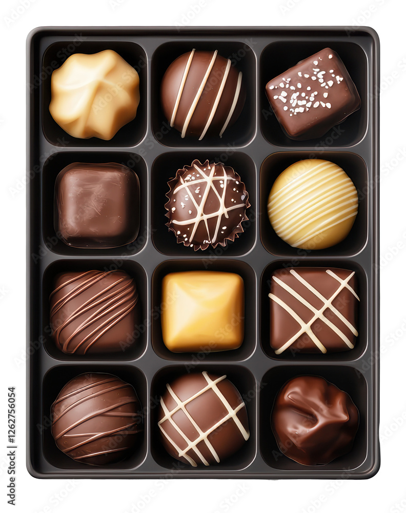 Poster assorted gourmet chocolates in a box with a transparent background