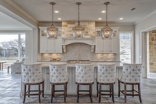 Modern kitchen with elegant design featuring stone backsplash and comfortable seating for stylish gatherings in a spacious home
