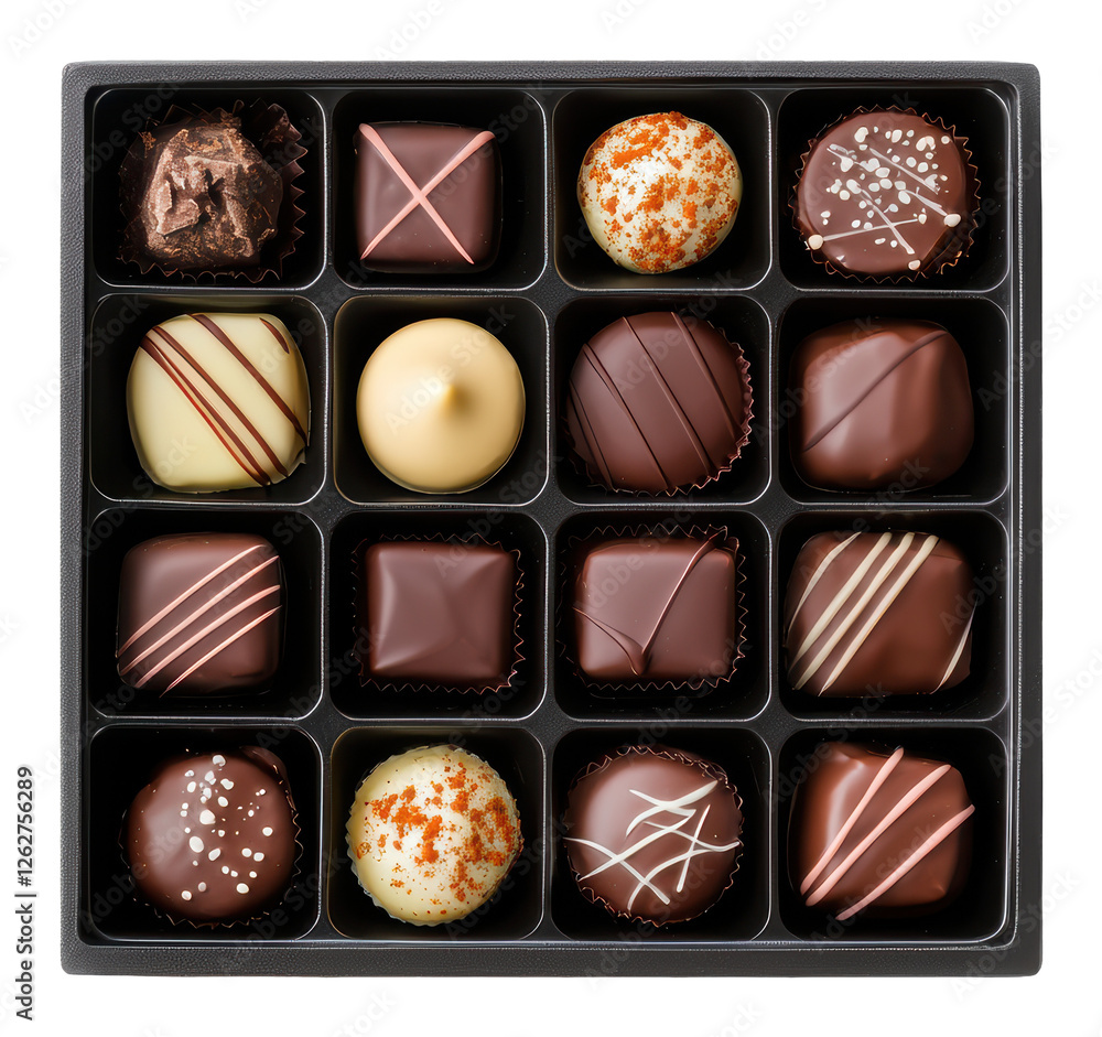 Poster assortment of chocolates in dark box with transparent background high angle studio shot