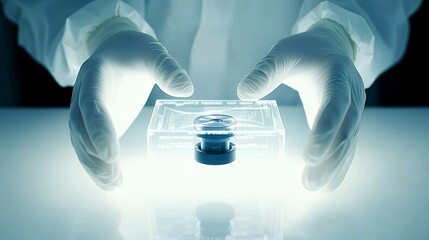 Fototapeta premium Scientist's Hands Gently Holding Advanced Microchip in Protective Case
