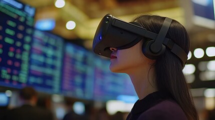 Woman using VR headset near stock ticker.