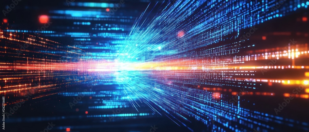 Poster abstract digital data flow with vibrant colors representing technology and innovation, showcasing a 