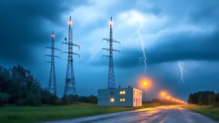 Rural photography lightning storm over communication towers and dramatic sky