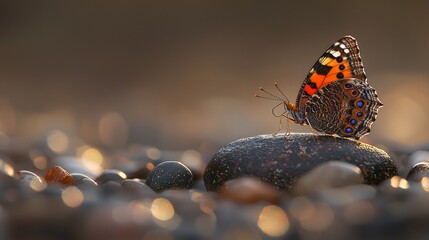 Colorful butterfly perched on a smooth stone amidst a blurred background of pebbles
