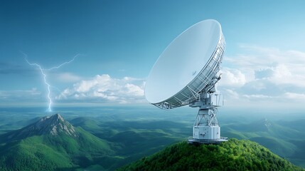 Exploring satellite technology a stormy mountain landscape with communication dish