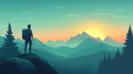 Hiker contemplates sunset mountain vista