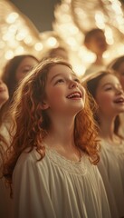 Young girl with curly hair sings joyfully in a choir, surrounded by other children. Warm lighting and a festive atmosphere.