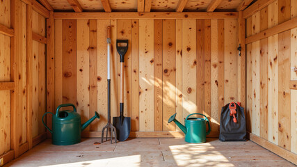 Wooden shed interior with gardening tools, organization, suitable for storage solutions, DIY, blogs, and home improvement.