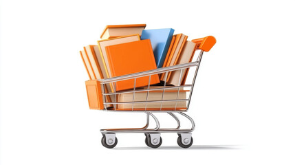 minimalistic shopping cart filled with colorful books, showcasing vibrant collection