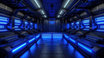 Futuristic blue-lit training room with advanced technology, showcasing modern design for virtual reality simulations and AI-guided career development in a sleek, innovative environment.