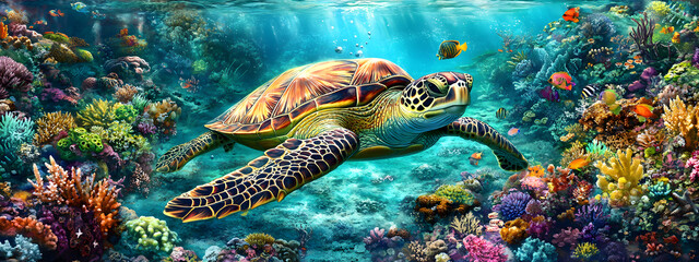 Obraz premium A majestic sea turtle gracefully glides through the crystal-clear waters 