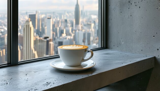 Coffee milk cup with latte art by city window with copy space for branding or cafe desig. Close up