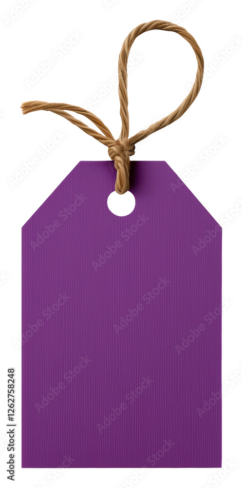 Poster close up of empty purple price tag with jute string and transparent background