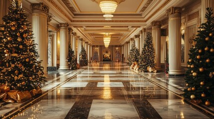 Fototapeta premium Decorated christmas trees adorn an opulent marble hall interior
