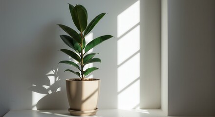 Obraz premium Ficus Elastica Plant in Pot with Sunlight and Minimalist Background