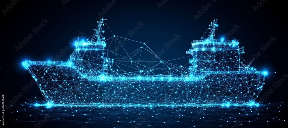 Poster digital ferry on blue tech background abstract passenger boat in connected lines and dots