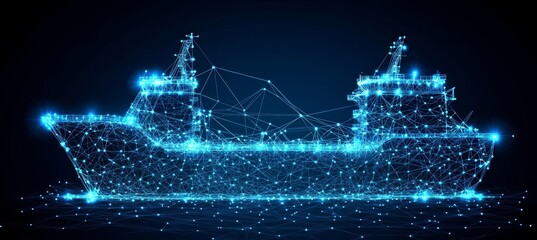 Digital Ferry on Blue Tech Background Abstract Passenger Boat in Connected Lines and Dots