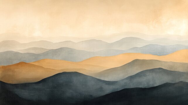 Abstract watercolor painting depicting layers of mountain ranges landscape