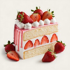 A slice of strawberry shortcake, layered with strawberries and whipped cream, is shown with fresh strawberries beside it. Pink glaze drips down the sides.