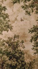 Bird flying above woodland toile wallpaper