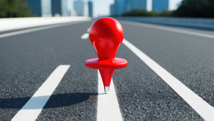 Close-up of a red dot mark on a modern road leading to a dynamic and modern large city, symbolizing the direction of.