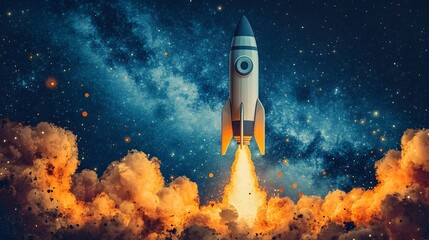 Startup growth concept featuring a rocket launching from a financial growth chart