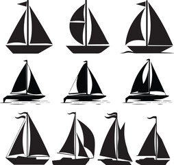 set of vector sailboat, sailboat on the sea-water wave silhouettes