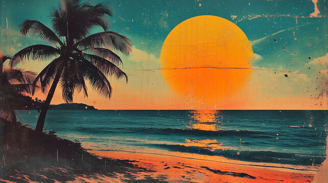 Vintage Tropical Sunset with Palm Trees and Ocean Waves, 60s retro card - Perfect for Retro Album Covers, Beach-Themed Posters, and Summer Travel Promotions
