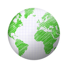 world map drawn in green pen on school paper globe