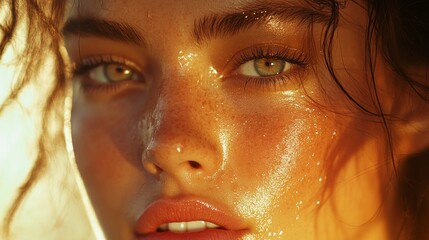 Woman with glowing skin under golden light looking at camera