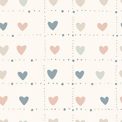 A simple, minimalist pattern of small dots and hearts arranged in rows, with soft lines connecting the shapes. The pastel color palette creates a soothing, gentle atmosphere ideal for children's
