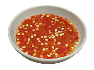Sliced ​​red peppers and fish sauce. Fish sauce with chili or Traditional spicy sauce serving....